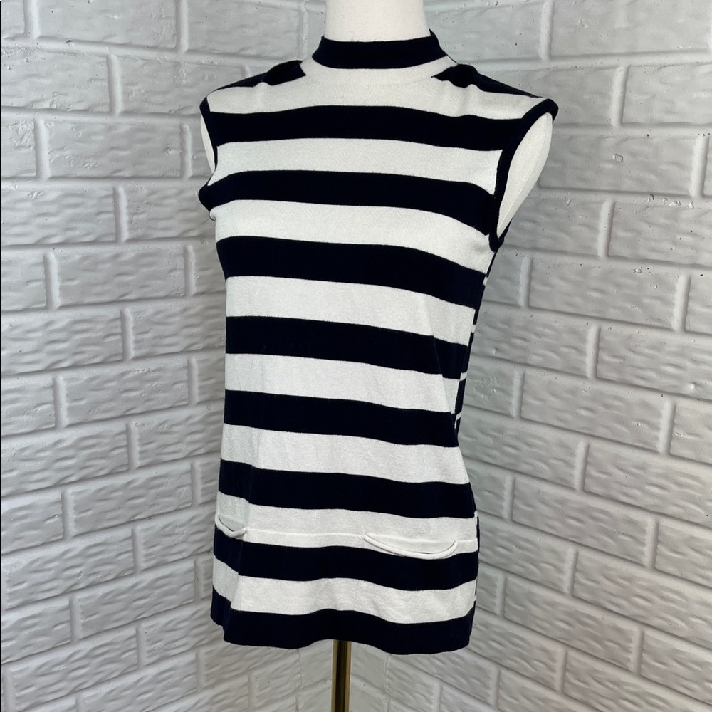 KAREN MILLEN SLEEVELESS MOCK NECK SWEATER KNIT TOP STRIPES POCKETS WHITE NAVY SM